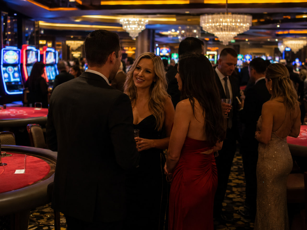 Friends meeting during a casino night and starting a relaxed online dating conversation