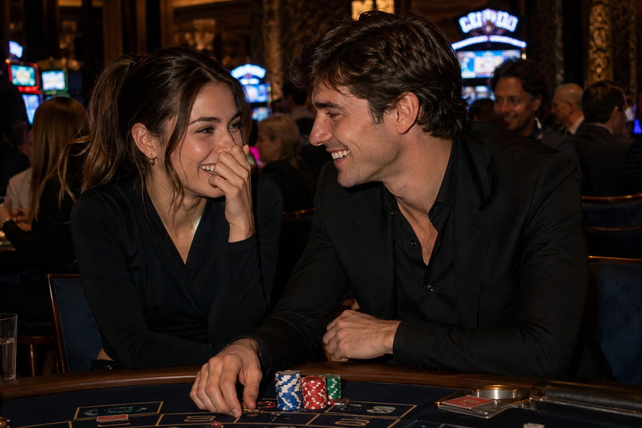 A man and woman having a warm conversation during a casino night