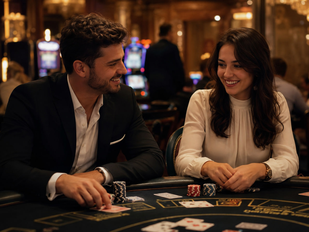 Couple enjoying a casino date night and choosing games together